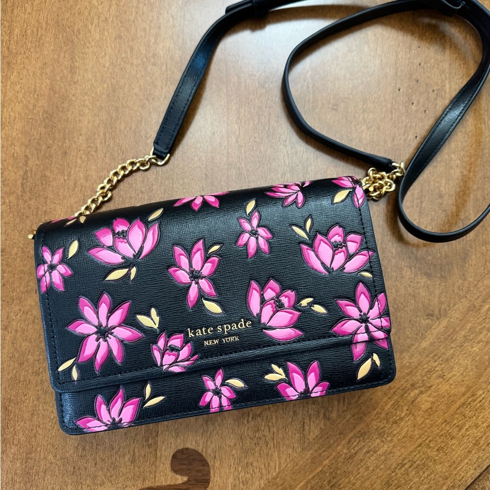 kate spade Black Crossbody Bag with Pink Floral Print